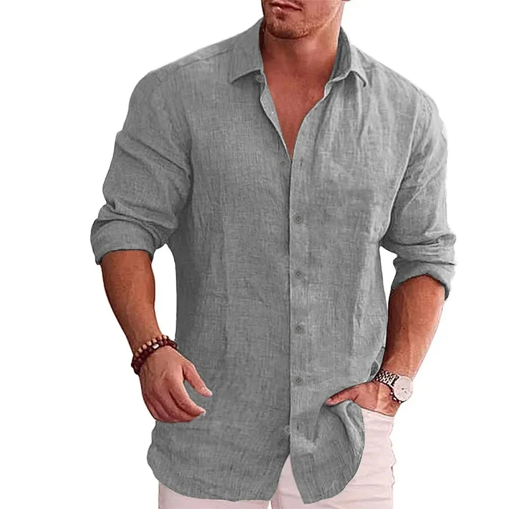Men’s Cotton Linen Long Sleeve Shirt – Lightweight Solid Color Casual Button-Up | Breathable Smart-Casual Summer & Autumn Style