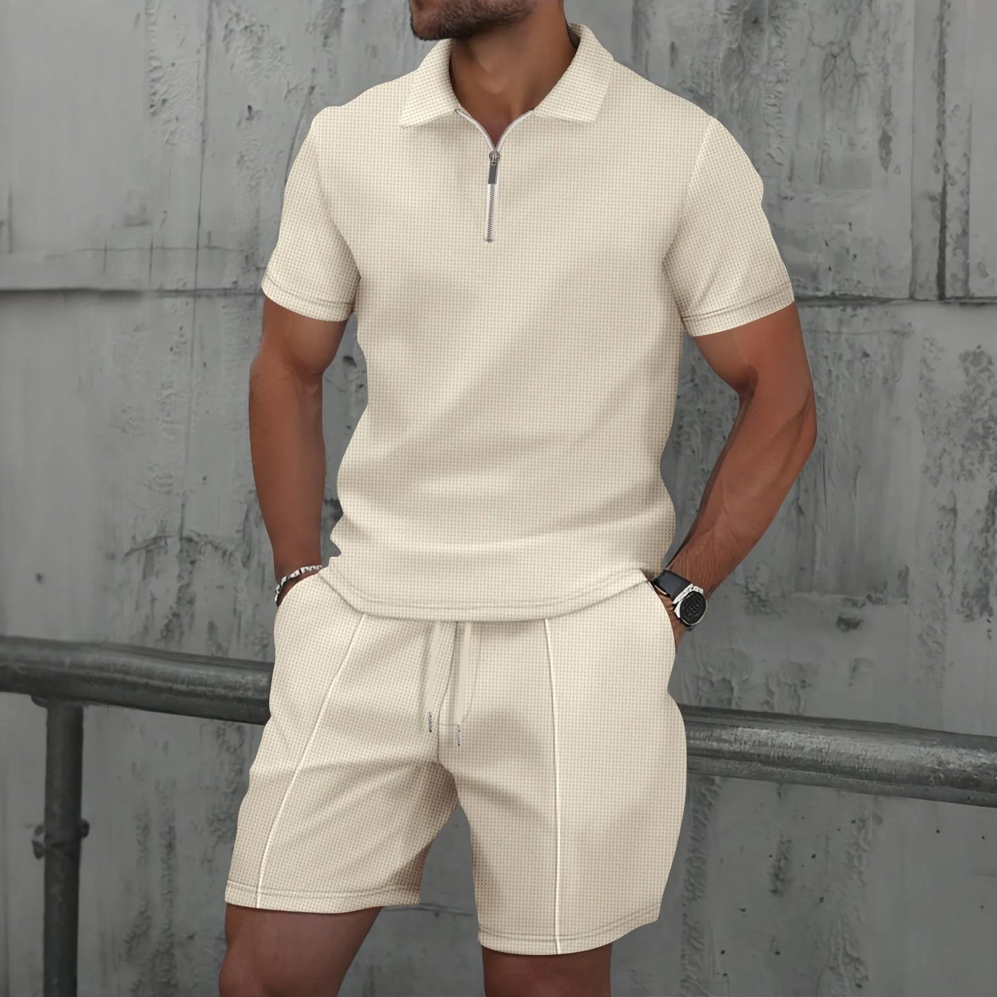Men’s 2-Piece Summer Set – Waffle Textured Short-Sleeve Shirt & Shorts | Casual Zip-Up Lapel Outfit for Modern Street Style