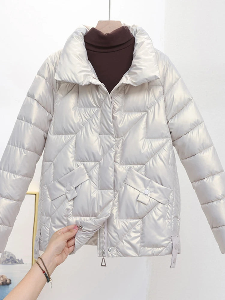Women’s Winter Parka – Glossy Pink Down Jacket with Stand Collar