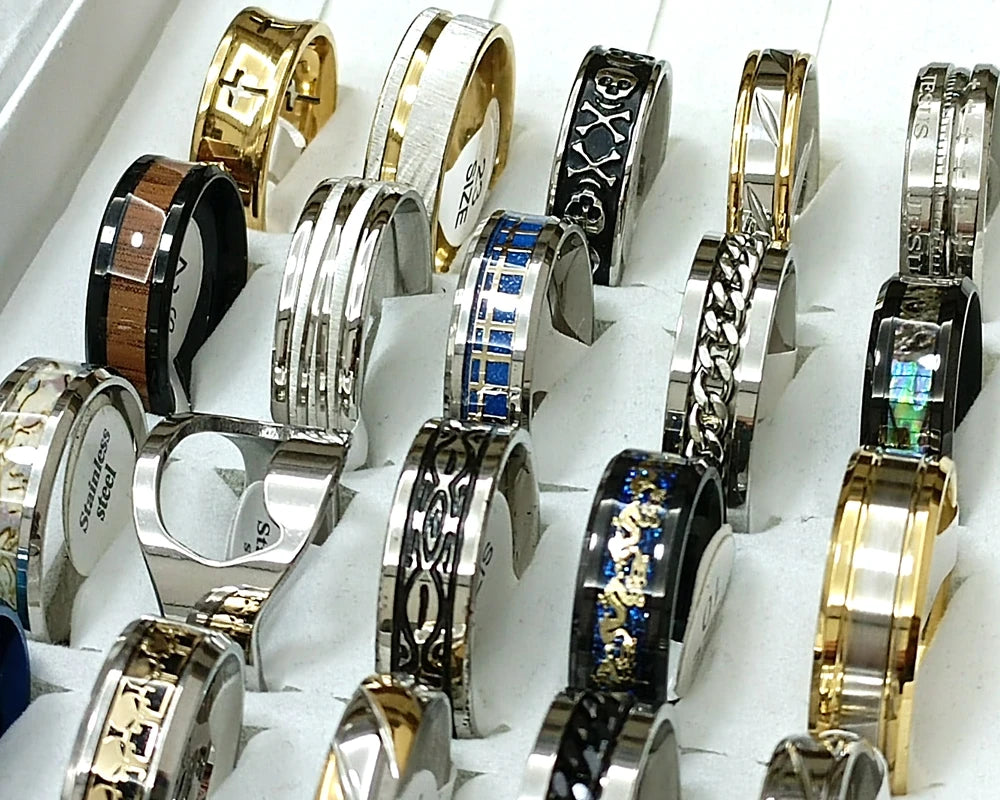 12pcs Men’s Stainless Steel Rings – Mixed Styles & Sizes