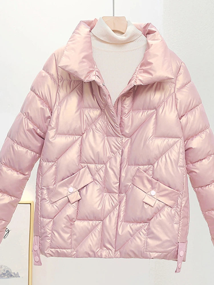 Women’s Winter Parka – Glossy Pink Down Jacket with Stand Collar