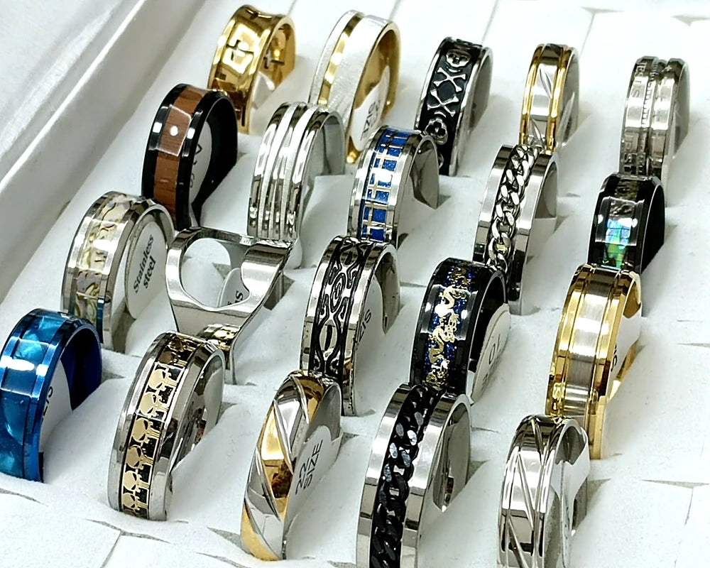 12pcs Men’s Stainless Steel Rings – Mixed Styles & Sizes