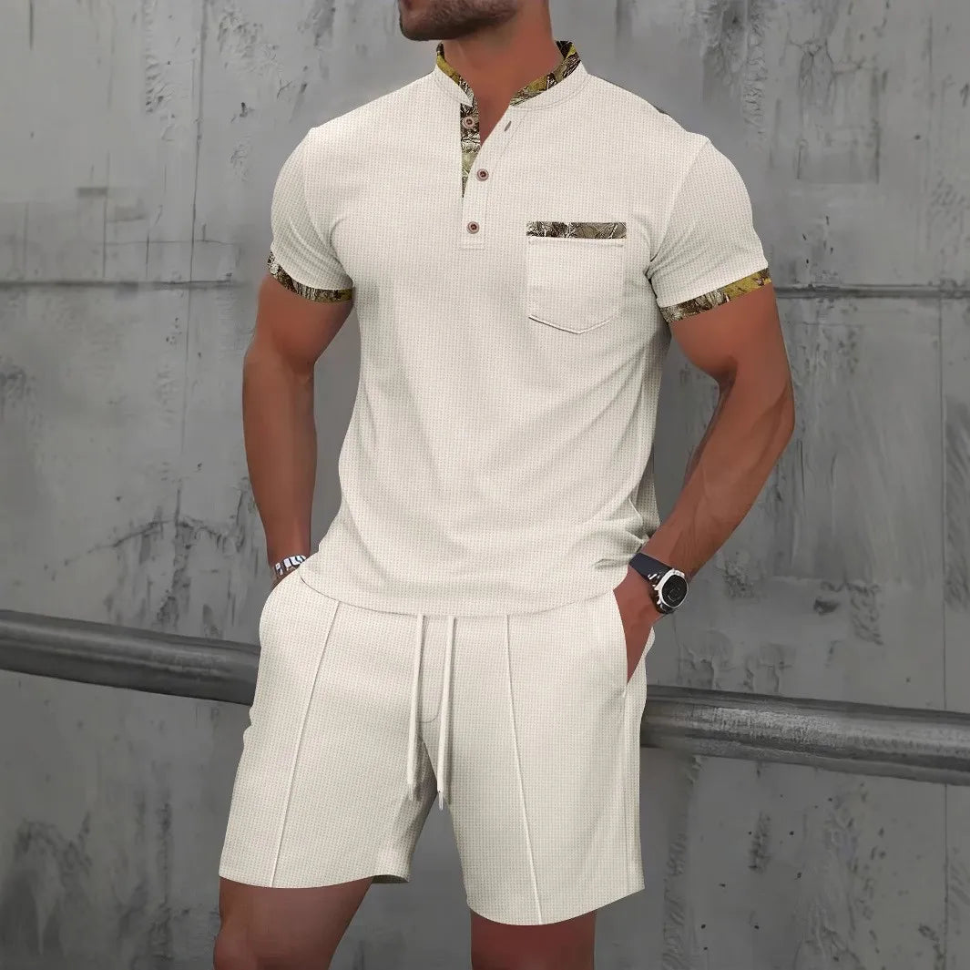 Men’s 2-Piece Summer Set – Waffle Textured Short-Sleeve Shirt & Shorts | Casual Zip-Up Lapel Outfit for Modern Street Style