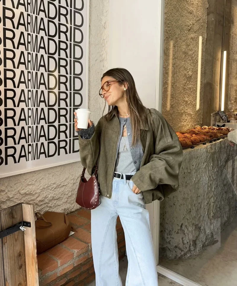 Women’s Suede Bomber Jacket – Loose Fit, Lapel Collar, Casual Spring & Autumn Coat