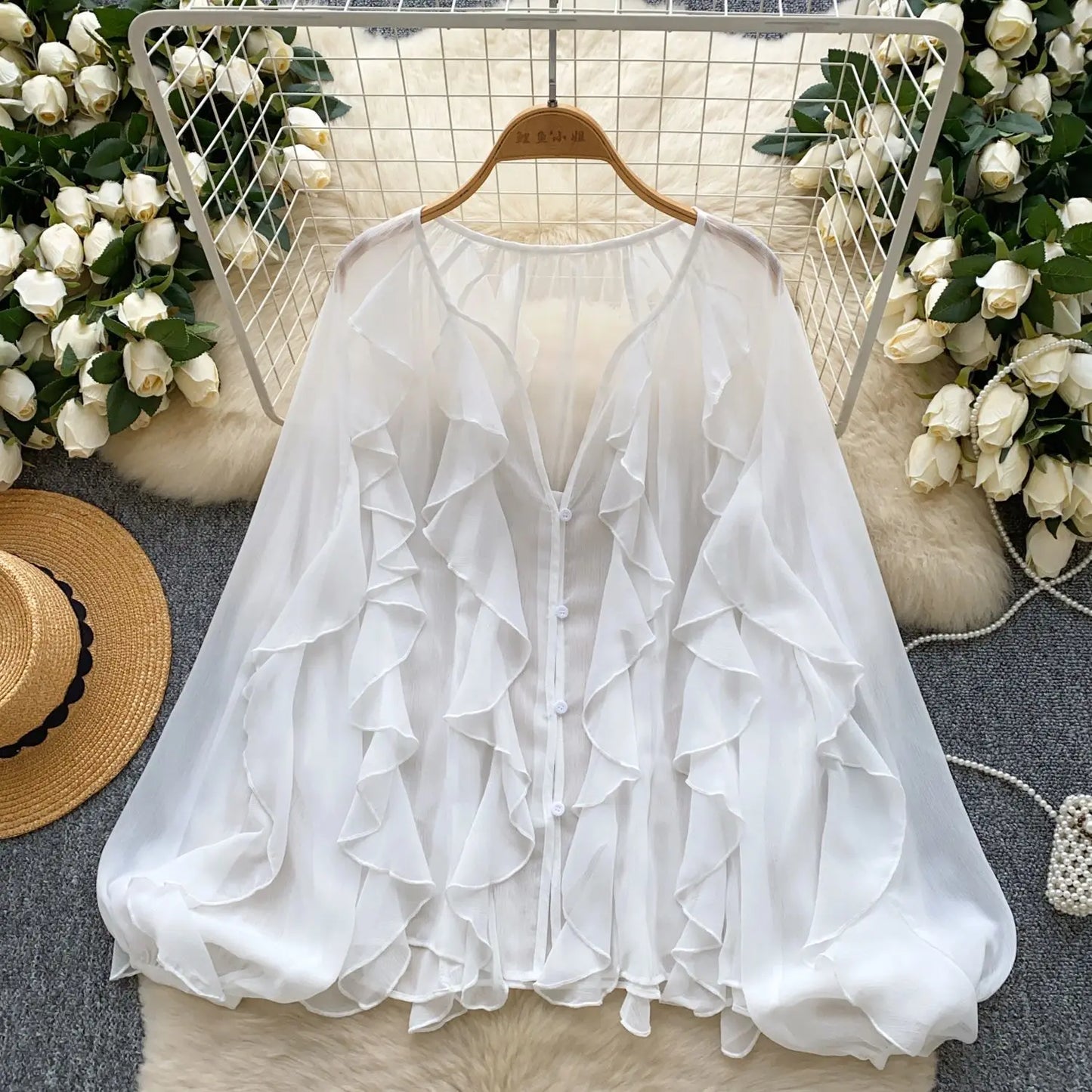 Women’s Semi-Sheer Blouse – Casual Fairy Style, Long Sleeve Top