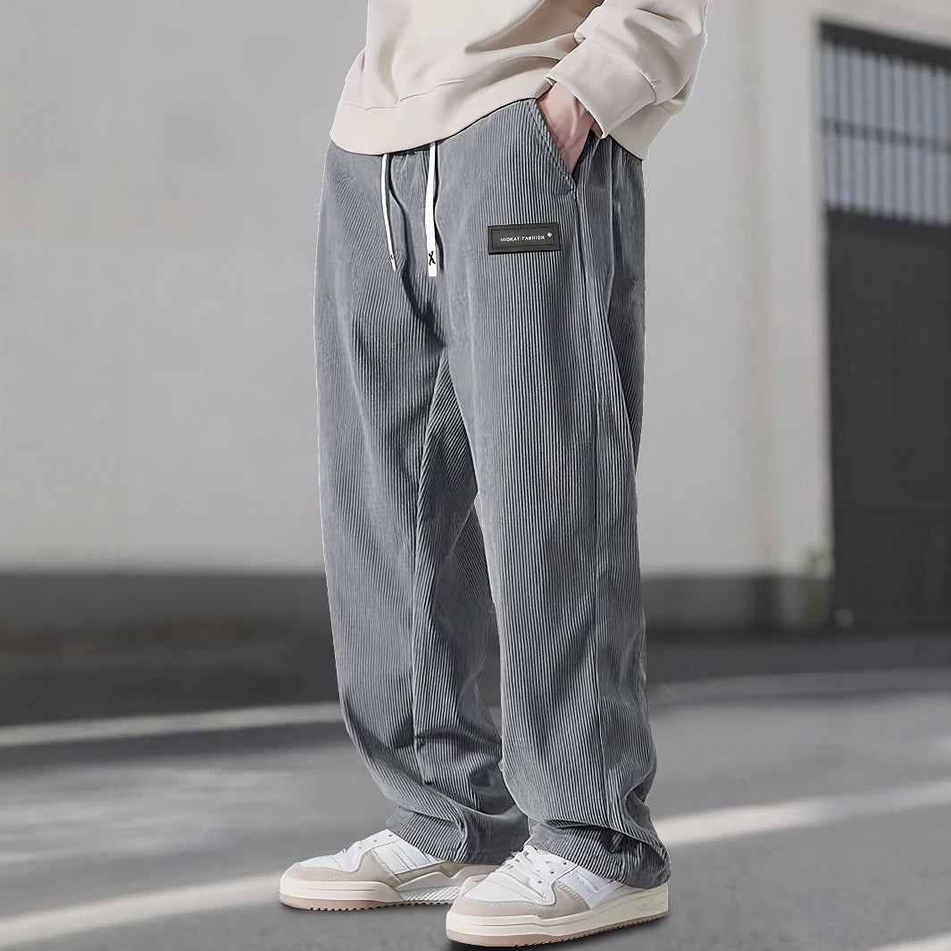 Men’s Corduroy Straight-Leg Pants – Casual Drawstring Trousers with Pockets | Soft Stretchy Fit for Everyday Streetwear