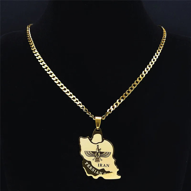Persian Iran Map Necklace with Farvahar – Stainless Steel Gold