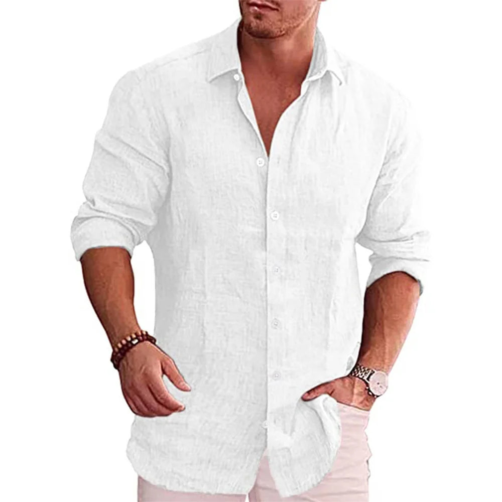 Men’s Cotton Linen Long Sleeve Shirt – Lightweight Solid Color Casual Button-Up | Breathable Smart-Casual Summer & Autumn Style