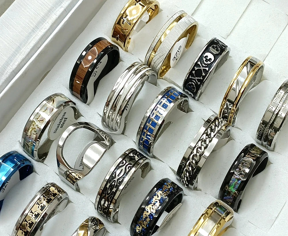 12pcs Men’s Stainless Steel Rings – Mixed Styles & Sizes