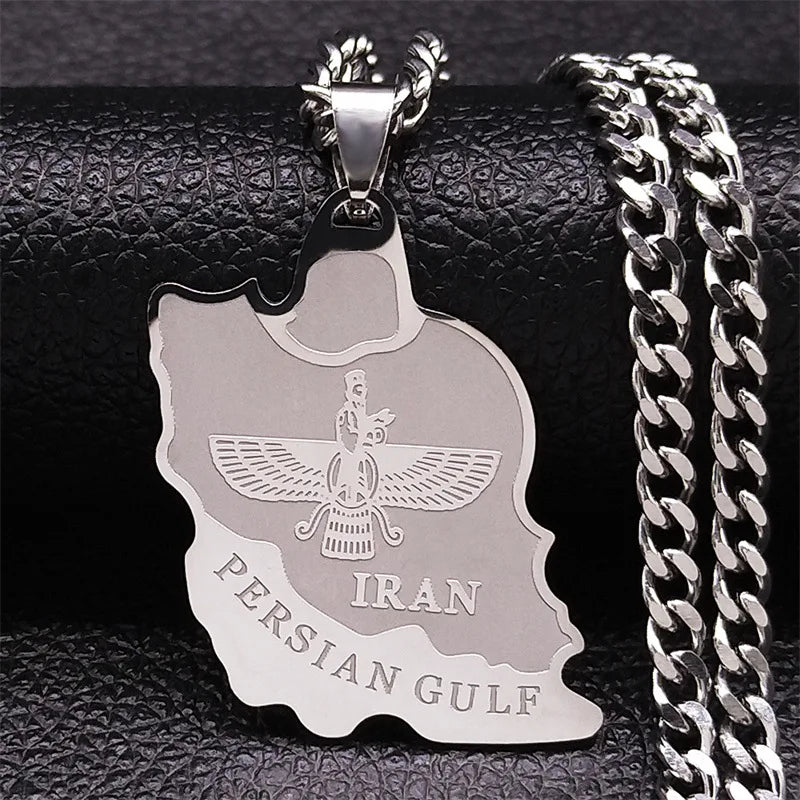 Persian Iran Map Necklace with Farvahar – Stainless Steel Gold