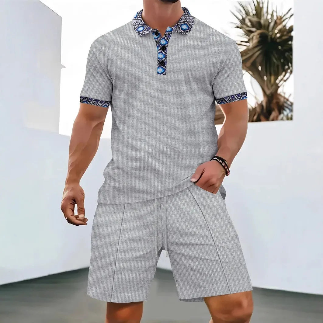 Men’s 2-Piece Summer Set – Waffle Textured Short-Sleeve Shirt & Shorts | Casual Zip-Up Lapel Outfit for Modern Street Style