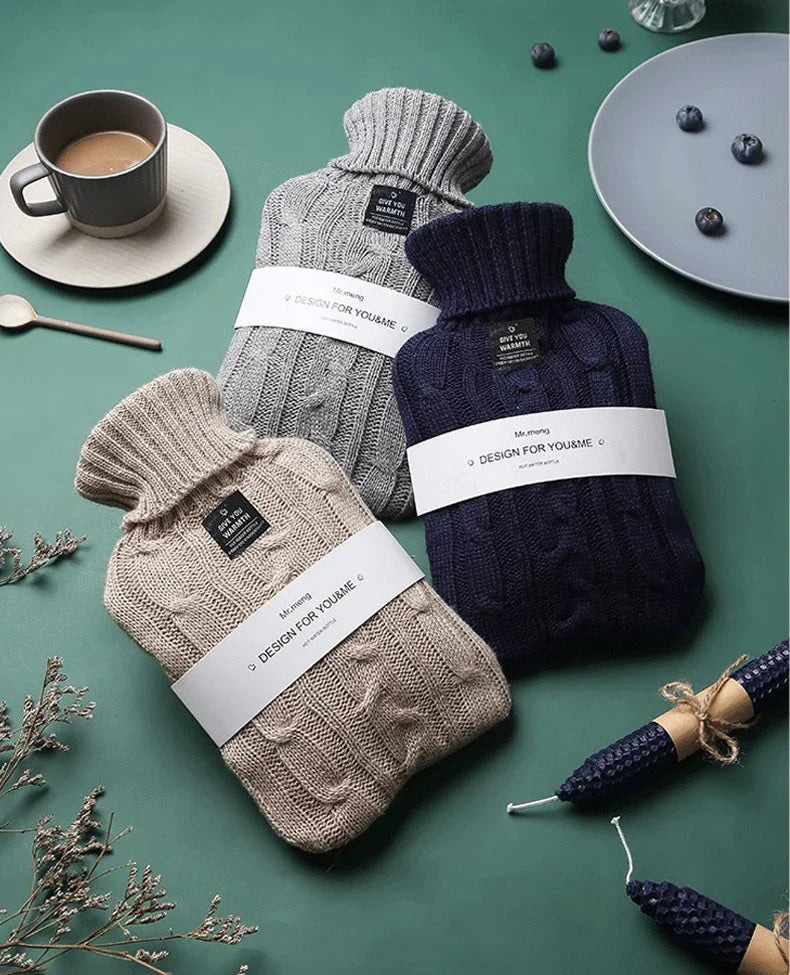 2000ml Hot Water Bottle with Knitted Cover – Reusable Hot Water Bag for Stomach, Hands & Feet – Perfect for Winter & Pain Relief