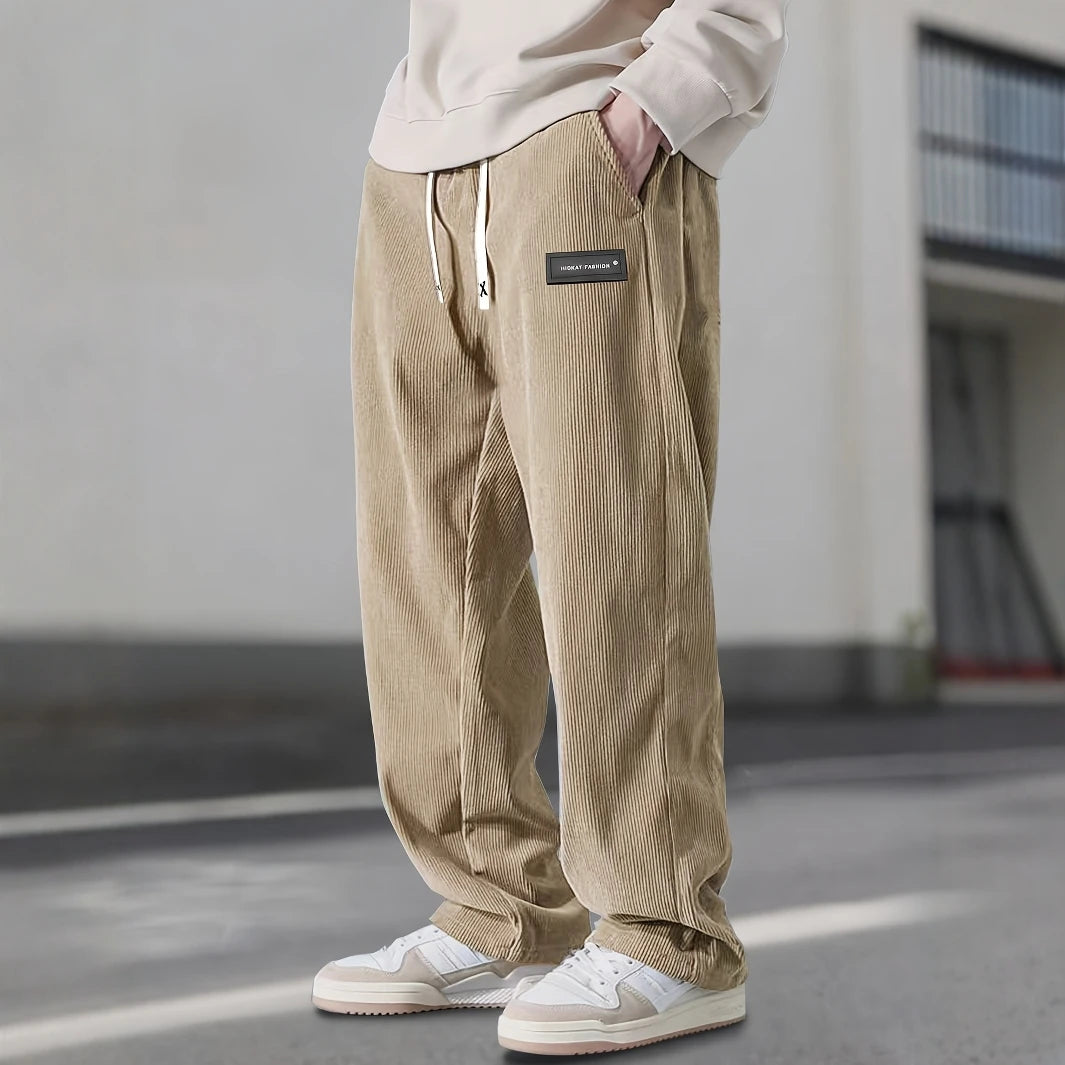Men’s Corduroy Straight-Leg Pants – Casual Drawstring Trousers with Pockets | Soft Stretchy Fit for Everyday Streetwear