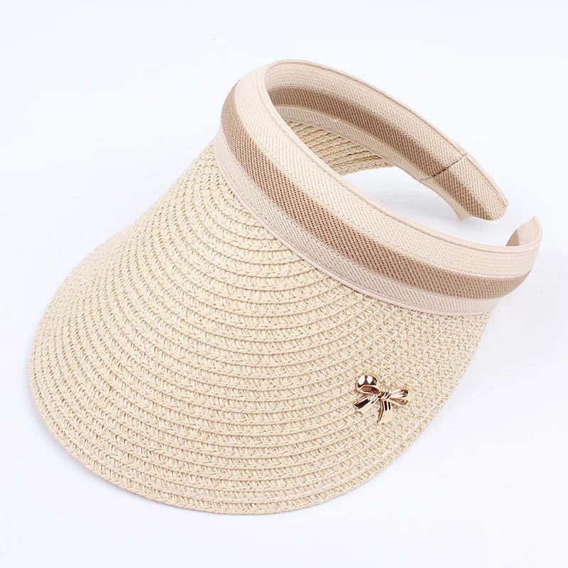 Summer Straw Sun Visor Hat – Adjustable Bowknot Design, Perfect for Beach & Casual Wear