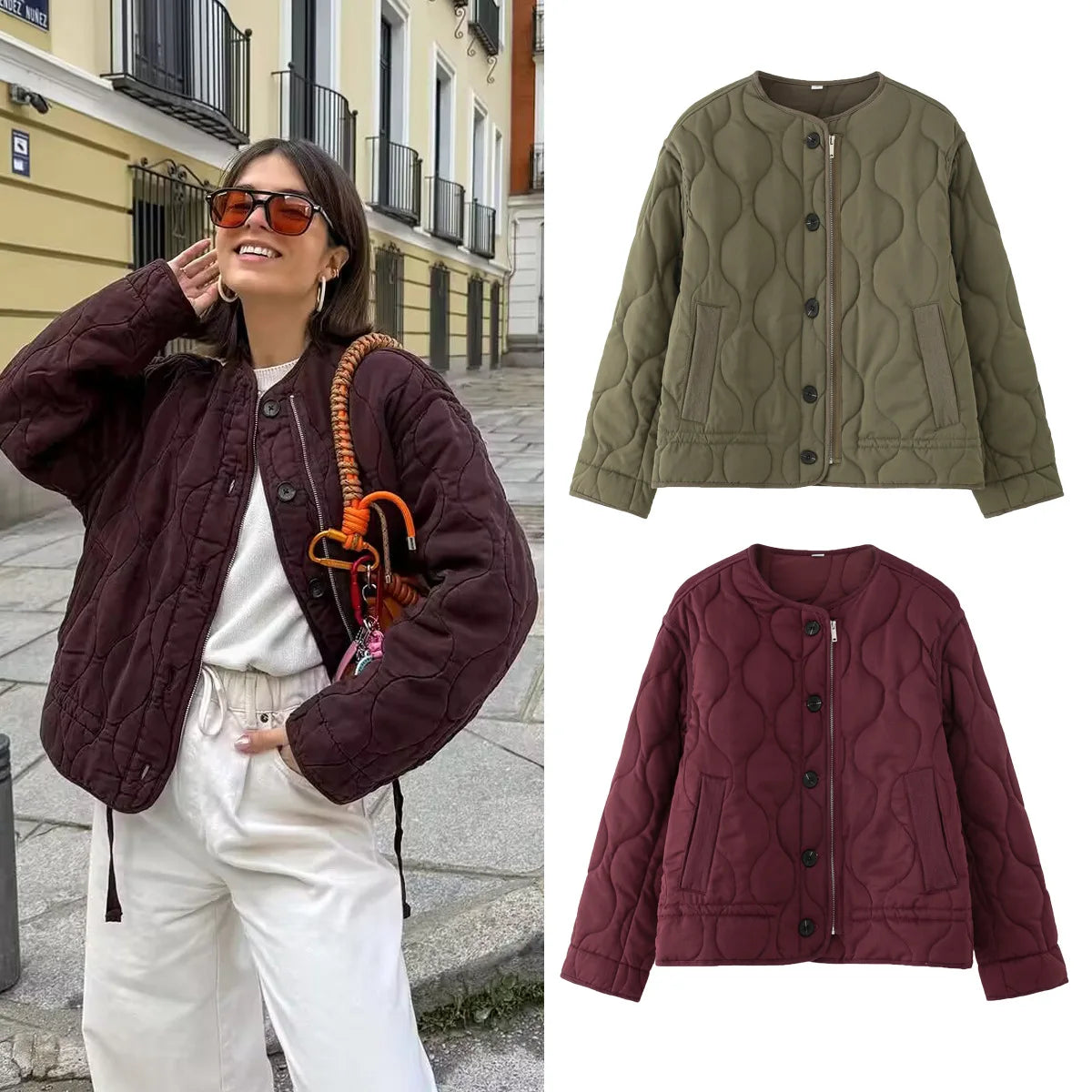 Women’s Quilted Bomber Jacket – Warm Padded Autumn/Winter Coat