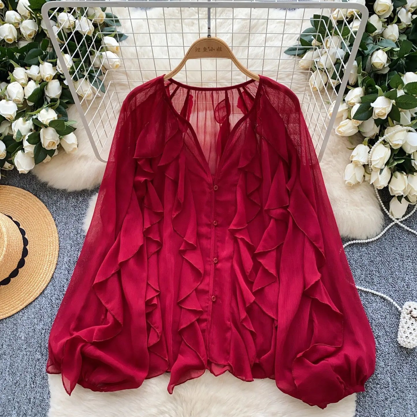 Women’s Semi-Sheer Blouse – Casual Fairy Style, Long Sleeve Top