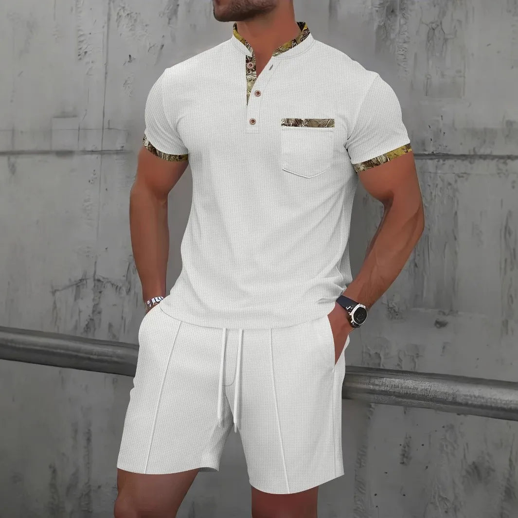 Men’s 2-Piece Summer Set – Waffle Textured Short-Sleeve Shirt & Shorts | Casual Zip-Up Lapel Outfit for Modern Street Style