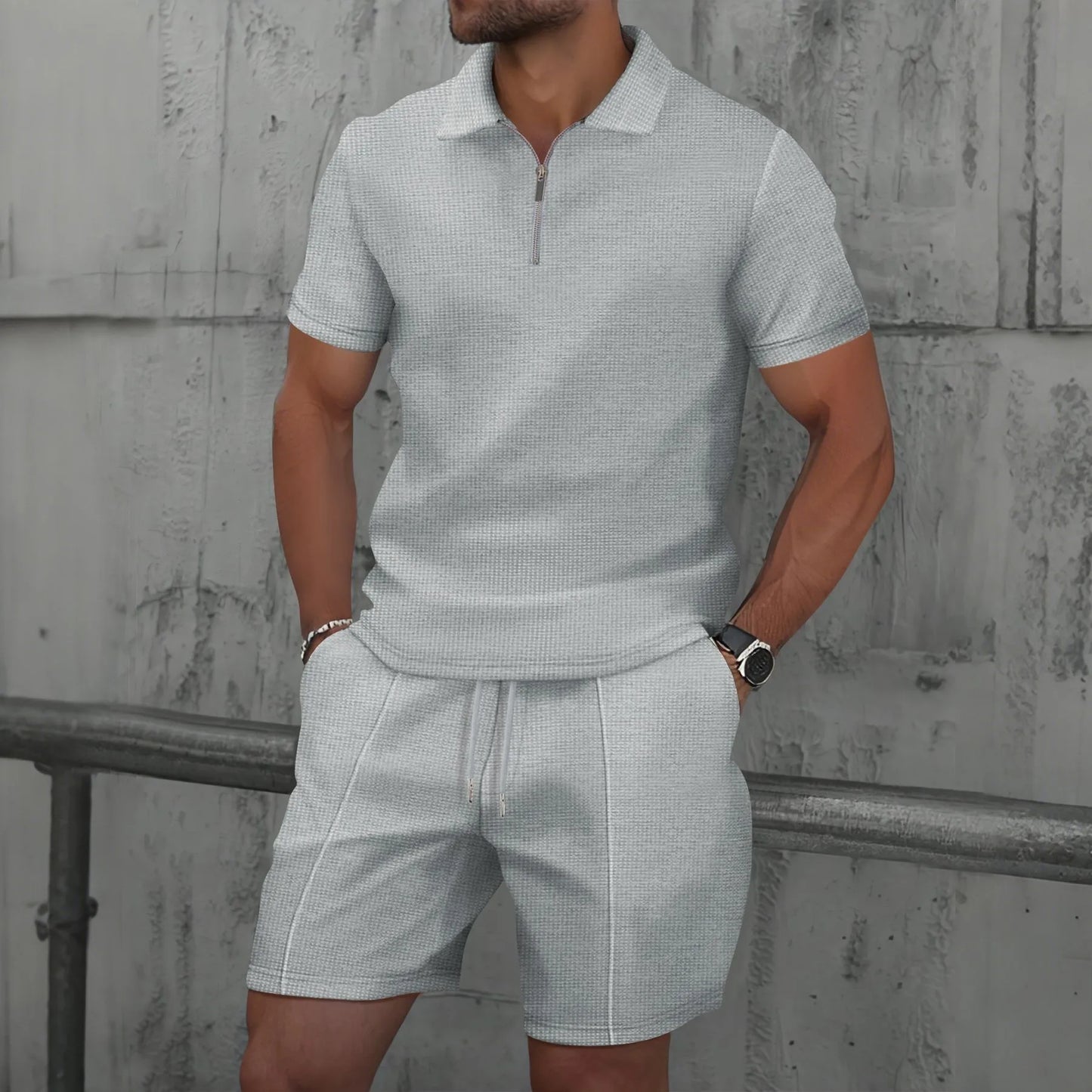 Men’s 2-Piece Summer Set – Waffle Textured Short-Sleeve Shirt & Shorts | Casual Zip-Up Lapel Outfit for Modern Street Style