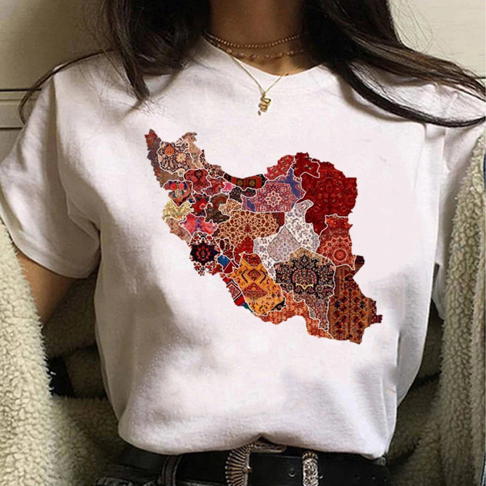 Persian Iran Map Women’s T-Shirt – Golden Calligraphy Design