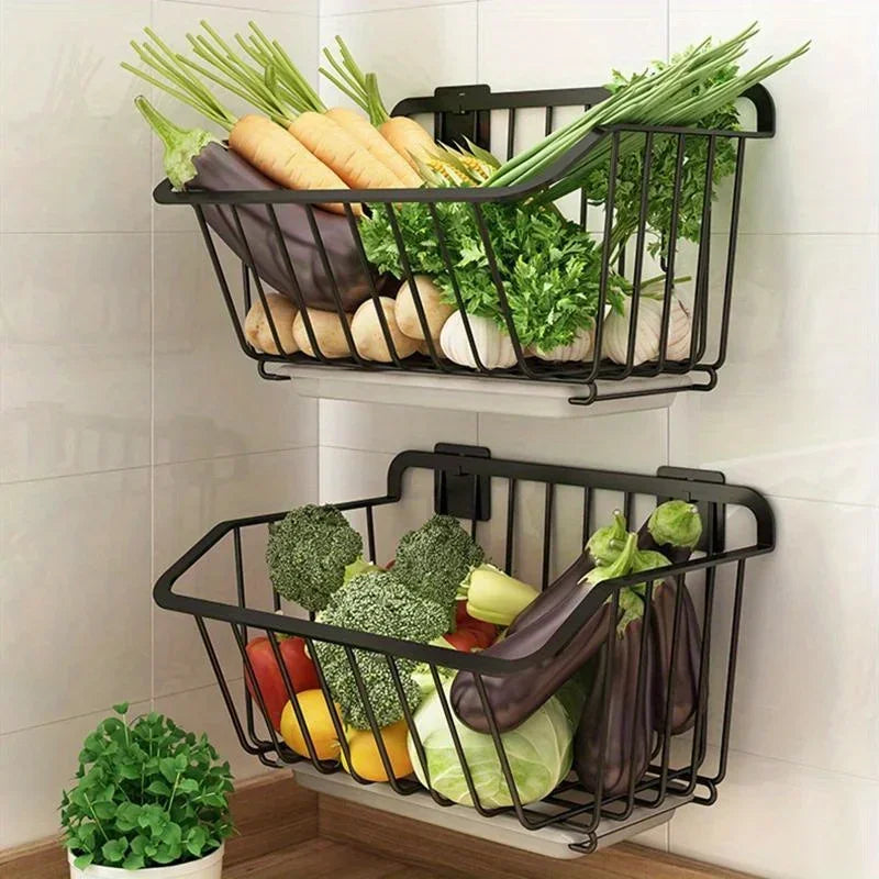Wall-Mounted Kitchen Storage Basket – Stainless Steel Fruit & Vegetable Organizer