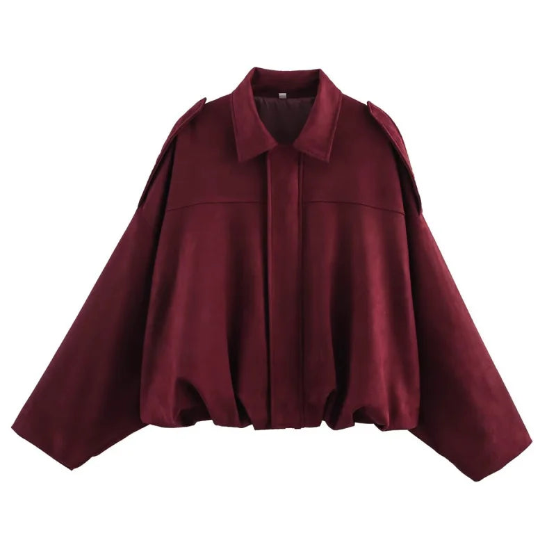 Women’s Suede Bomber Jacket – Loose Fit, Lapel Collar, Casual Spring & Autumn Coat