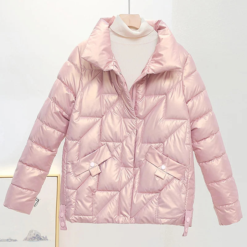 Women’s Winter Parka – Glossy Pink Down Jacket with Stand Collar