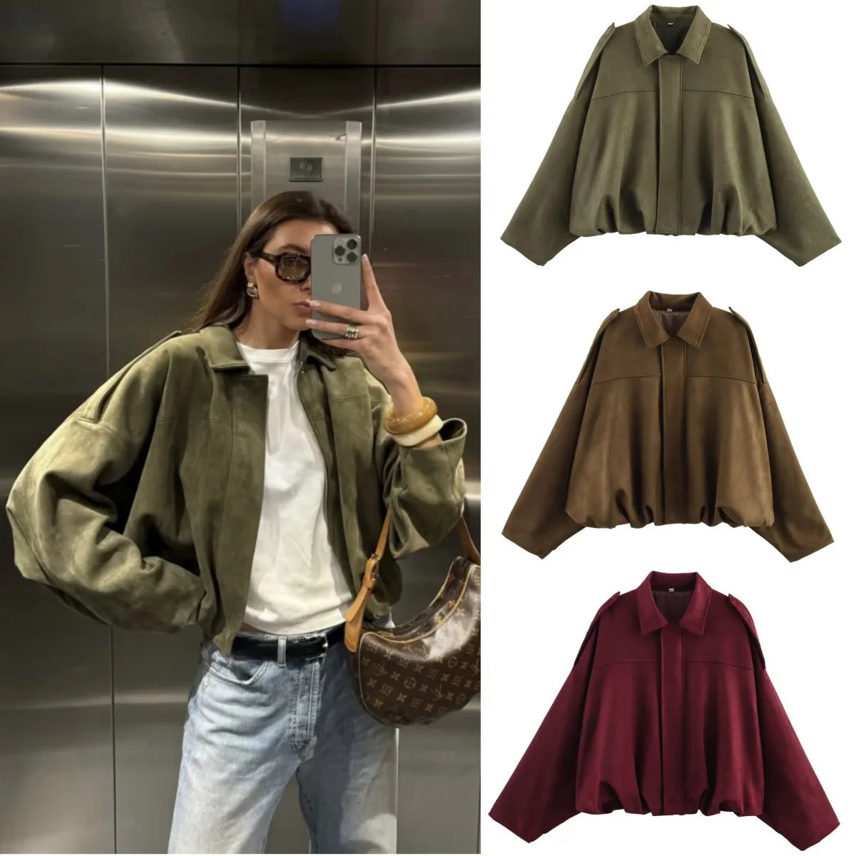 Women’s Suede Bomber Jacket – Loose Fit, Lapel Collar, Casual Spring & Autumn Coat