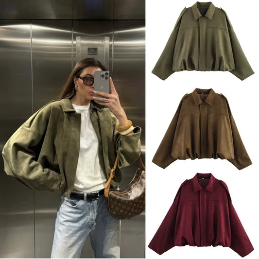 Women’s Suede Bomber Jacket – Loose Fit, Lapel Collar, Casual Spring & Autumn Coat