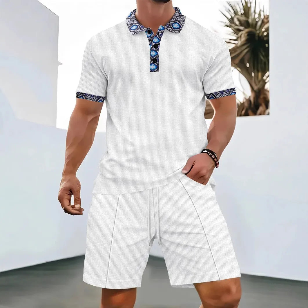 Men’s 2-Piece Summer Set – Waffle Textured Short-Sleeve Shirt & Shorts | Casual Zip-Up Lapel Outfit for Modern Street Style