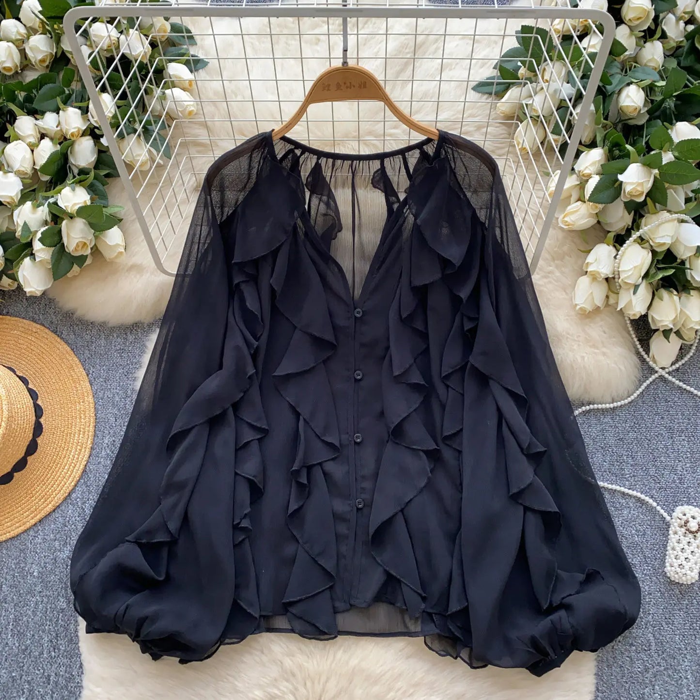 Women’s Semi-Sheer Blouse – Casual Fairy Style, Long Sleeve Top