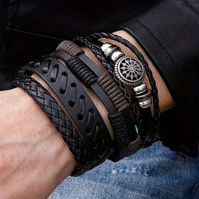 4Pcs Vintage PU Leather Woven Bracelet Set – Men’s Charm Fashion Accessory