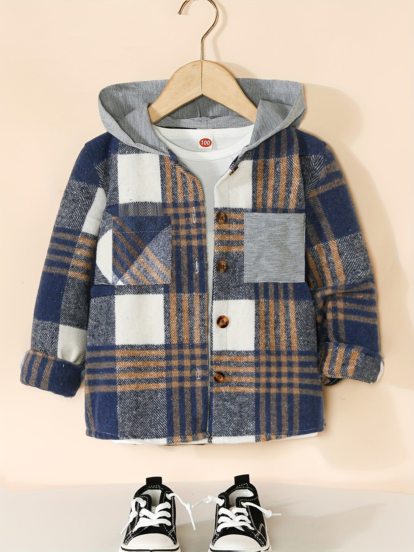 Boy's Hooded Plaid Long Sleeve Button Up Shirt With Pockets