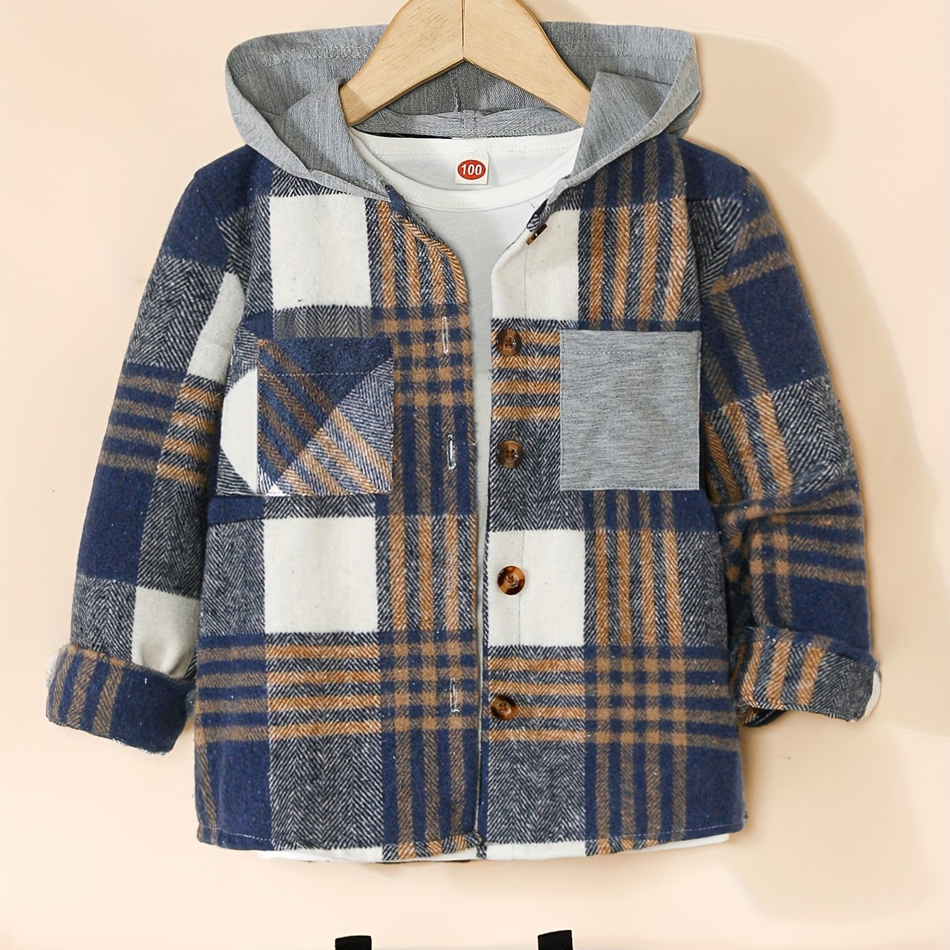 Boy's Hooded Plaid Long Sleeve Button Up Shirt With Pockets
