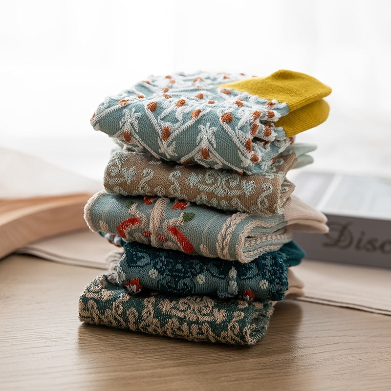 5 Pairs of Cozy Vintage Socks – Japanese Floral Charm for Your Everyday Style