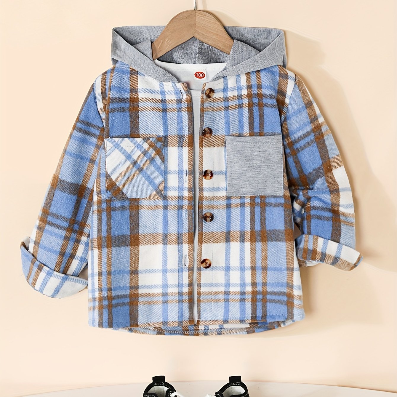 Boy's Hooded Plaid Long Sleeve Button Up Shirt With Pockets