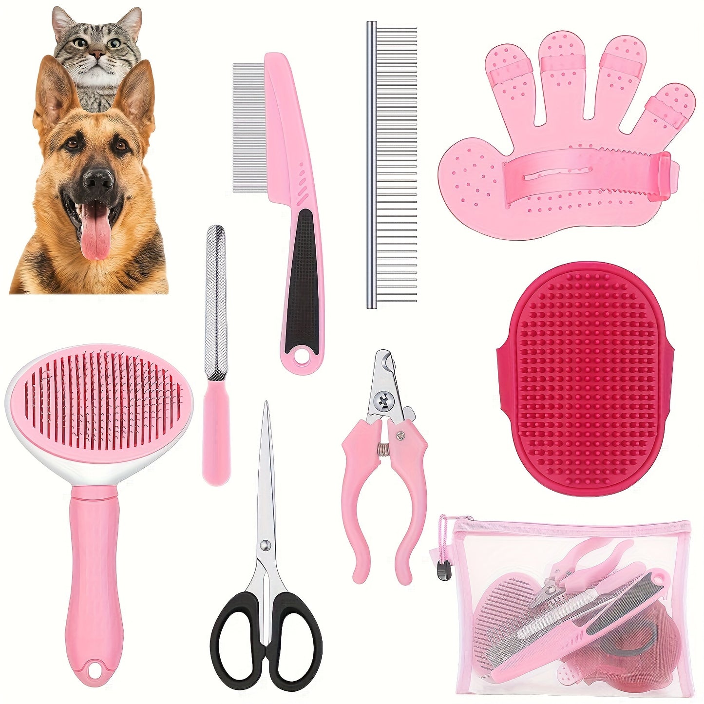 Set Of 9 Dog Grooming Brushes, Self-cleaning Shedding Kit With Nail Rake, Flea Comb, Nail Clippers, And File. Pet Grooming Brush With Adjustable Strap And Scissors, Suitable For Pets.